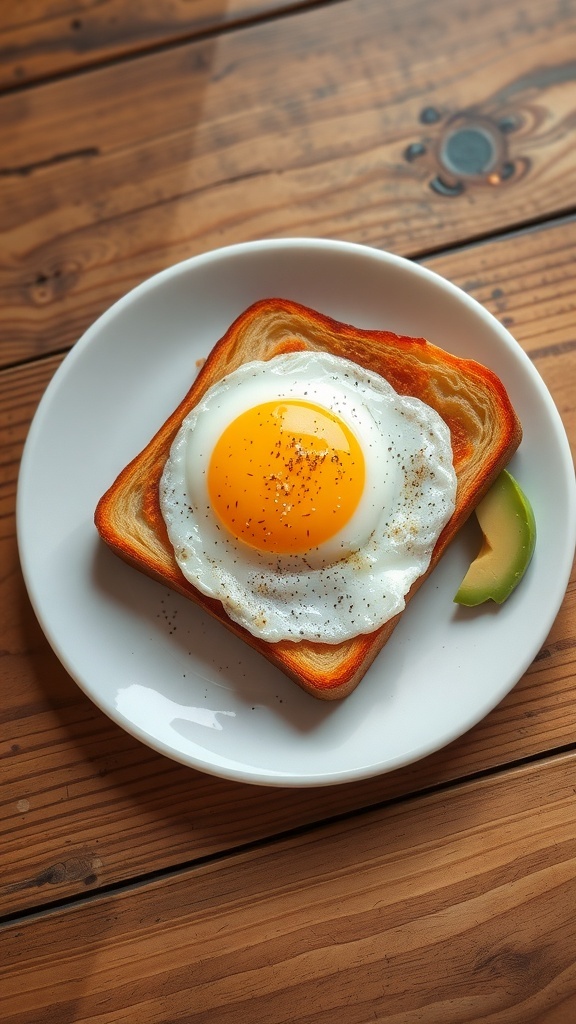 A plate of egg toast with sunny-side-up egg and avocado slices on a rustic table.